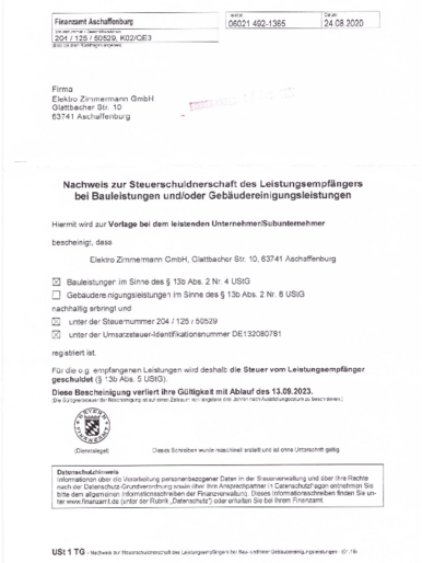 Steuerschuldnerschaft bei Elektro Zimmermann GmbH in Aschaffenburg